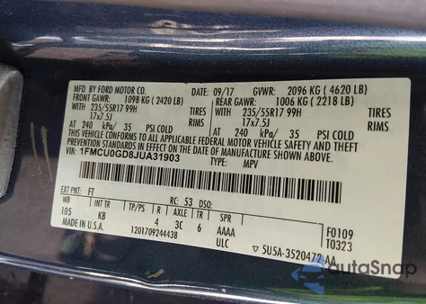 2018 Ford Escape Se z USA, uszkodzony, nr VIN 1FMCU0GD8JUA31903